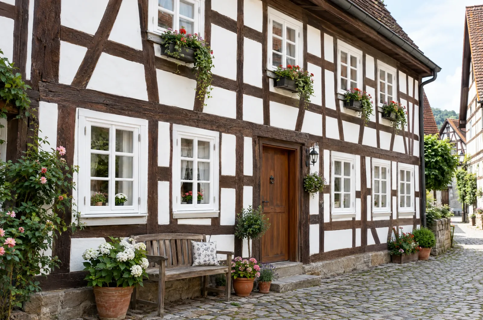 Fachwerkhaus mit neuen weißen Holz-Sprossenfenstern