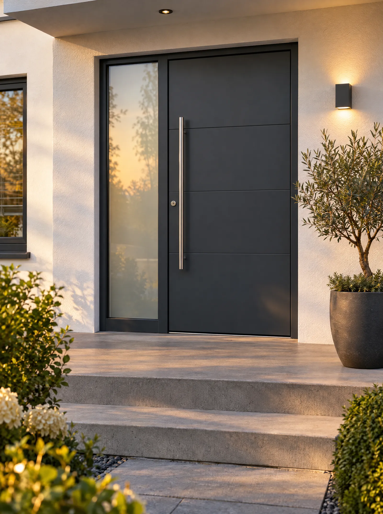 Moderne anthrazitfarbene Haustür mit Glas-Seitenteil