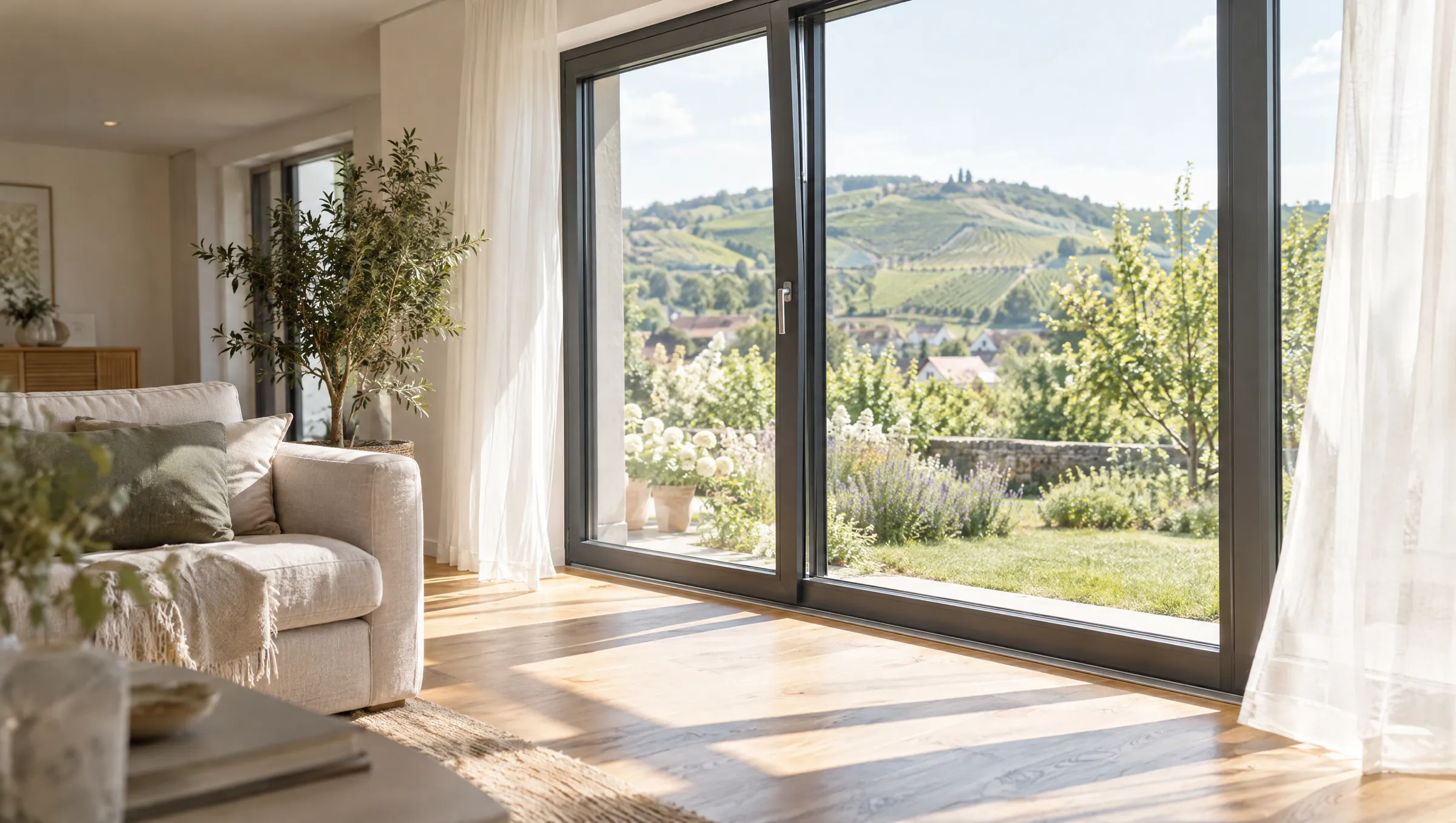 Wohnraum mit großem Holz-Alu-Fenster