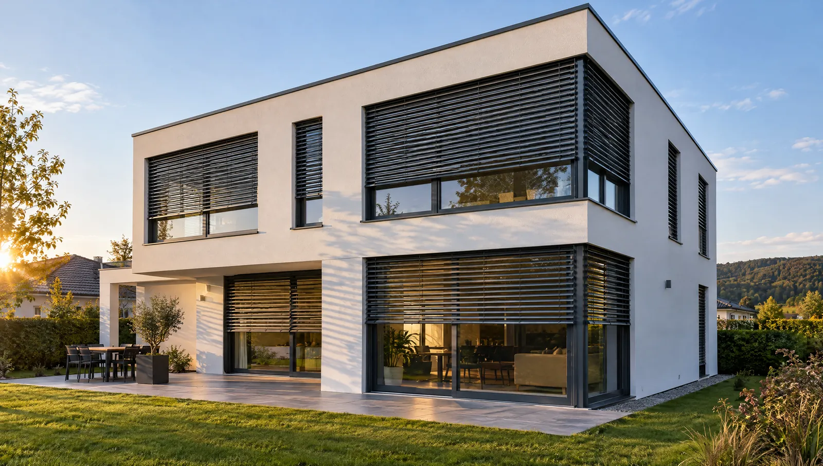 Moderne Hausfassade mit Raffstores in der Abendsonne